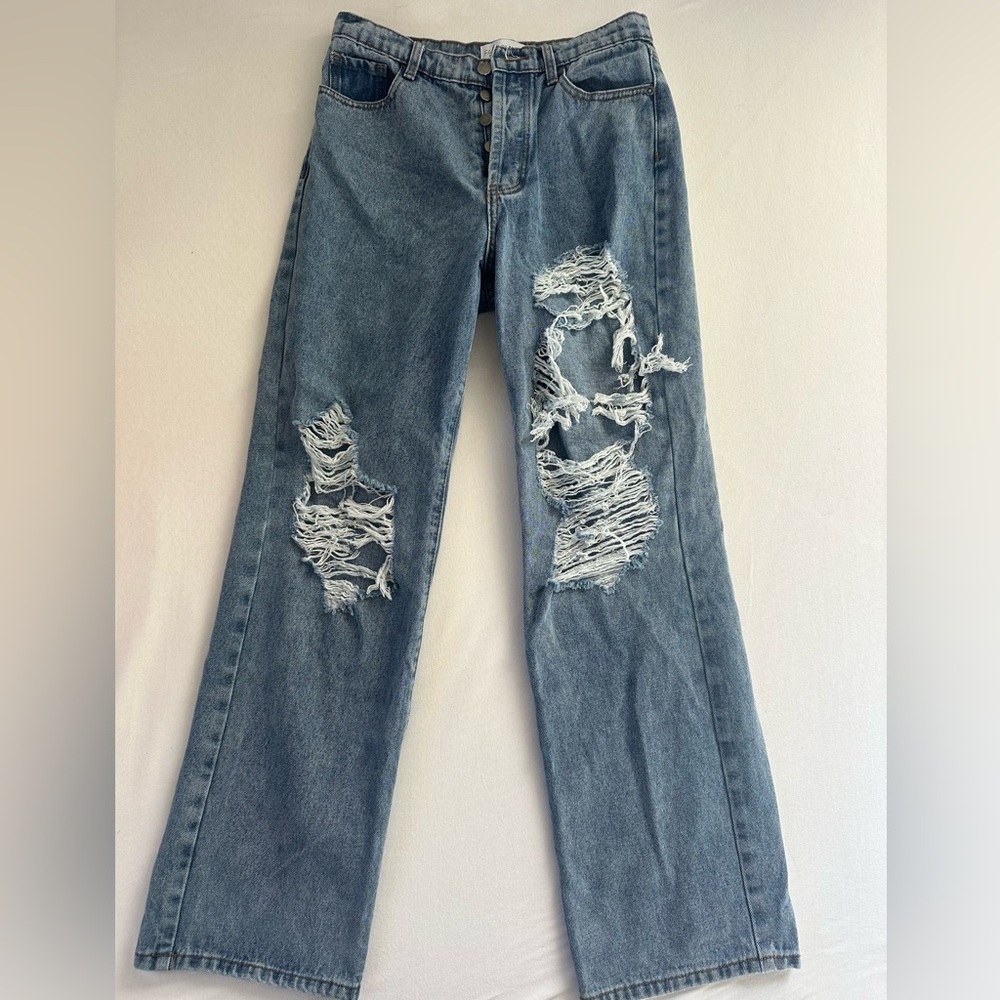 Women’s Distressed High Rise Straight Leg Denim Jeans